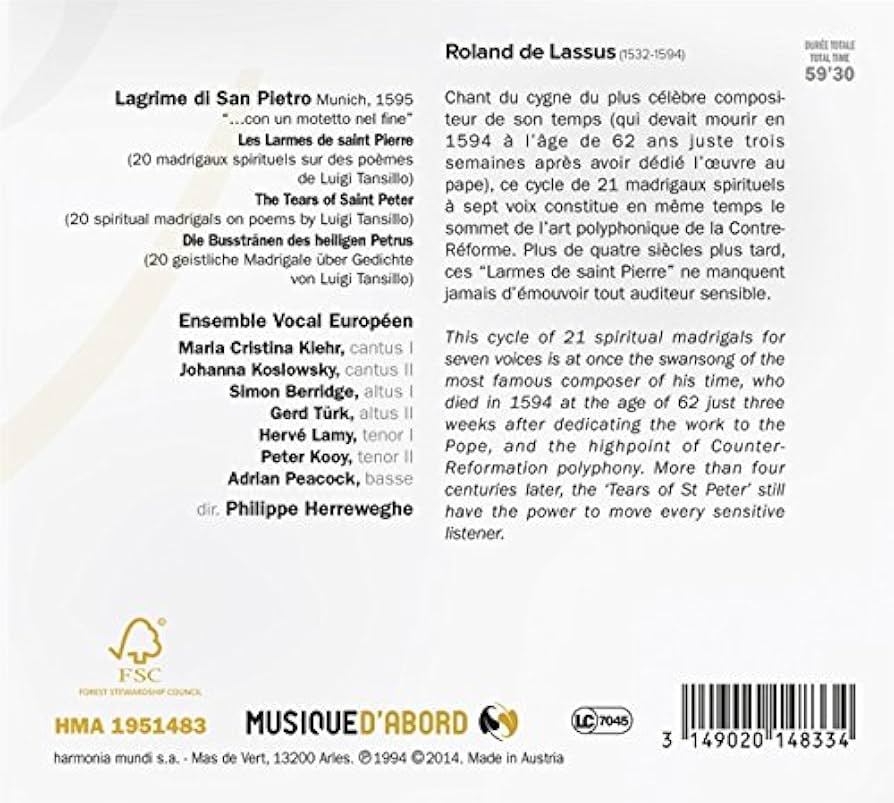 Lagrime Di San Pietro: Lassus Orlando De: Amazon.fr: CD et